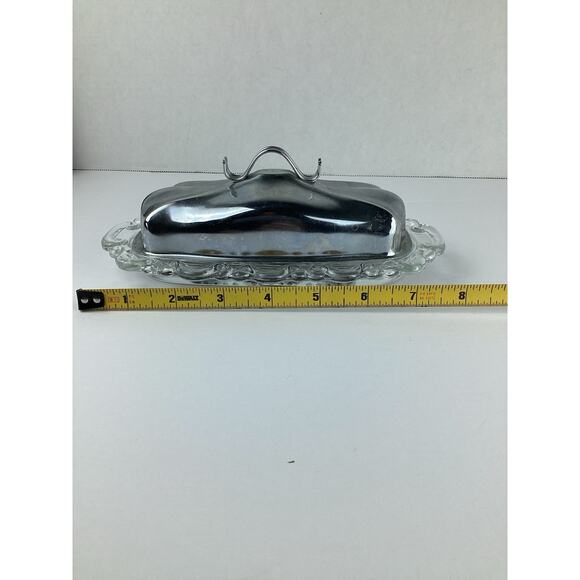 Vintage Chrome Plated Butter Dish & Lid Made In USA Glass Base MCM - Picture 6 of 6